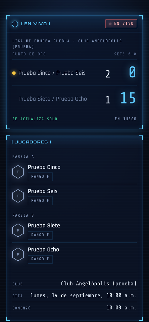 Ventana pública de un partido en vivo con el marcador punto a punto.