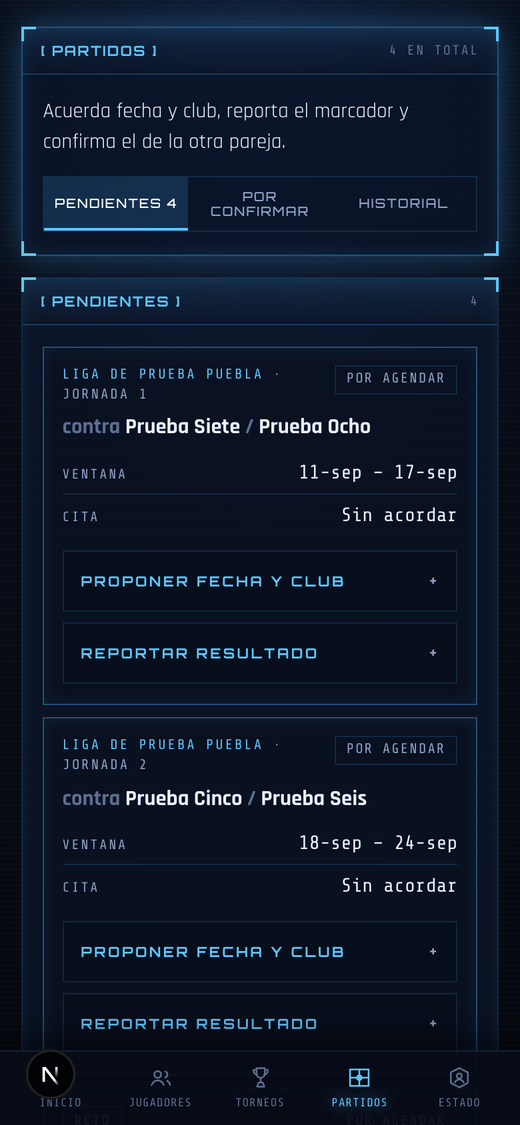 Lista de partidos con acciones para proponer fecha y reportar el marcador.