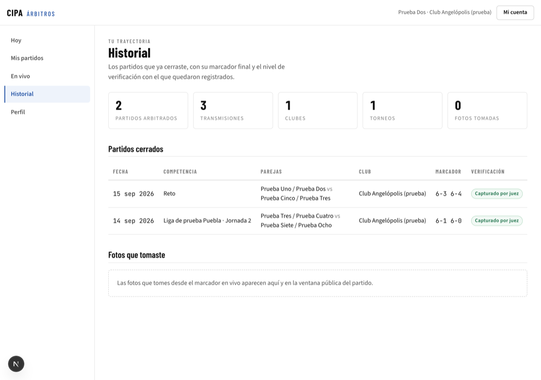 Historial de partidos arbitrados con marcador y verificación.