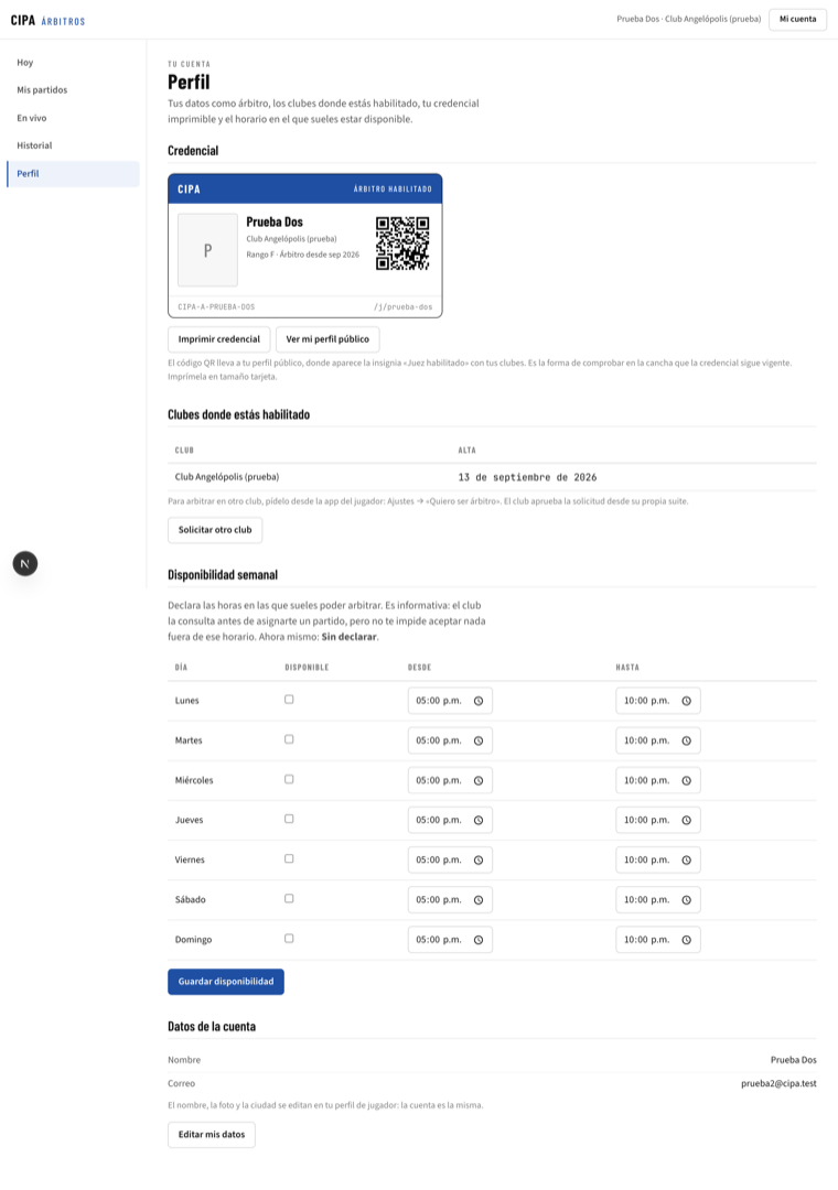 Perfil del árbitro con credencial imprimible y disponibilidad semanal.