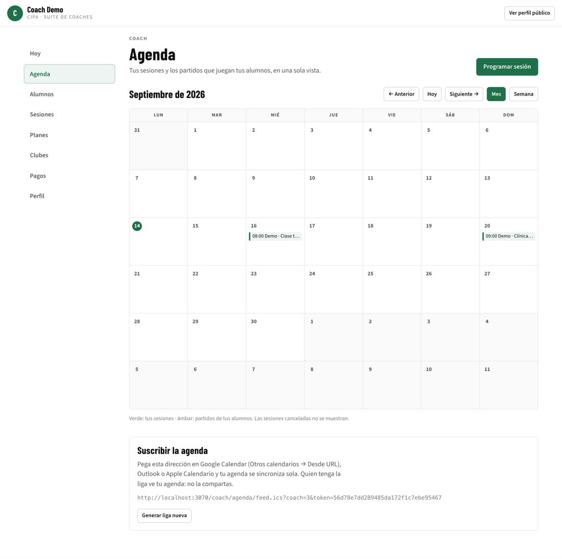 Agenda del coach con sesiones y partidos de alumnos.